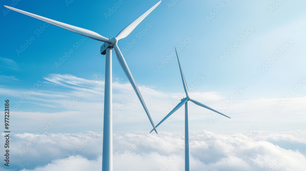 Wind turbines stand tall against clear blue sky, showcasing renewable energy Wind turbines stand tall against clear blue sky, showcasing renewable energy