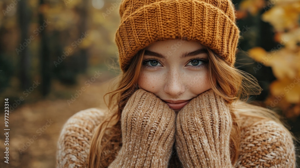 Young Woman in Cozy Knit Hat and Sweater Playfully Enjoying Autumn Outdoors Young Woman in Cozy Knit Hat and Sweater Playfully Enjoying Autumn Outdoors