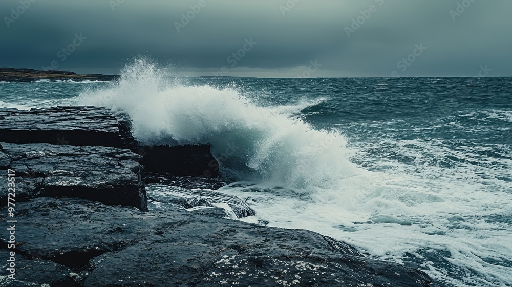 Obraz premium Podium on a rocky shoreline, waves crashing against the rocks, overcast sky