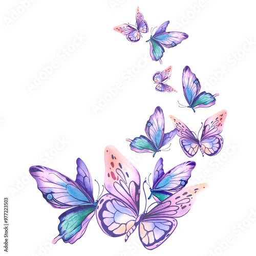 The butterflies are lilac, purple, pink and peach. A hand-drawn watercolor illustration. A swirl of flying butterflies on a white background. Template for the design and decoration of prints, postcard