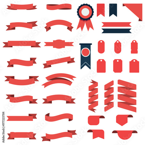 A collection of various banners with red ribbons