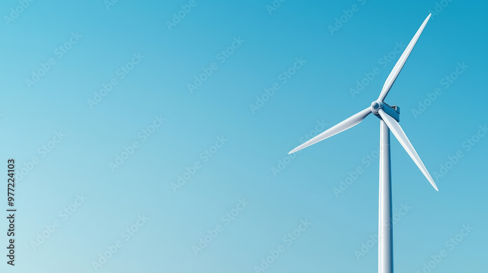 A wind turbine stands tall against clear blue sky, symbolizing renewable energy A wind turbine stands tall against clear blue sky, symbolizing renewable energy