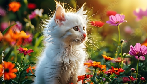 Fluffy white kitten exploring a colorful flower garden in full summer bloom, perfect for poster and calendar designs