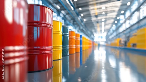 A highly detailed, ultra-realistic image of several brightly painted 55-gallon oil drums arranged in a neat row inside a modern industrial facility photo