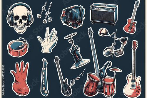 Sticker sheet of various rock and roll elements in a comic style, such as guitars, drums, bass, skull-face mask, mosh pit hand sign, microphone, headphones, dark blue background  photo