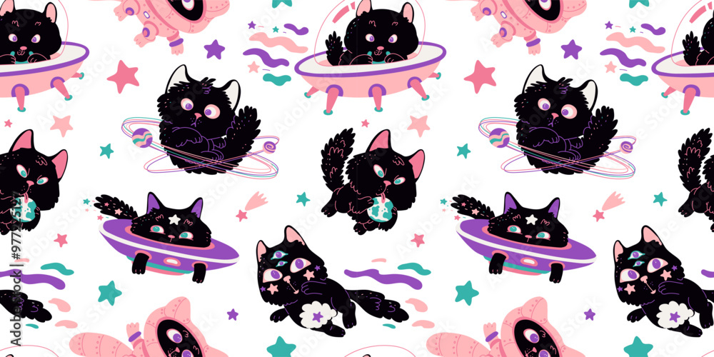 Seamless pattern with cute black cat astronaut flying on spaceship in space, vector cartoon fantasy kitten cosmonaut