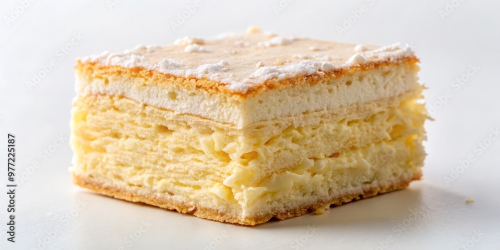 A delicate, flaky Revani slice, upright on its side, against a gentle, creamy white background, evoking a sense of simplicity A delicate, flaky Revani slice, upright on its side, against a gentle, creamy white background, evoking a sense of simplicity