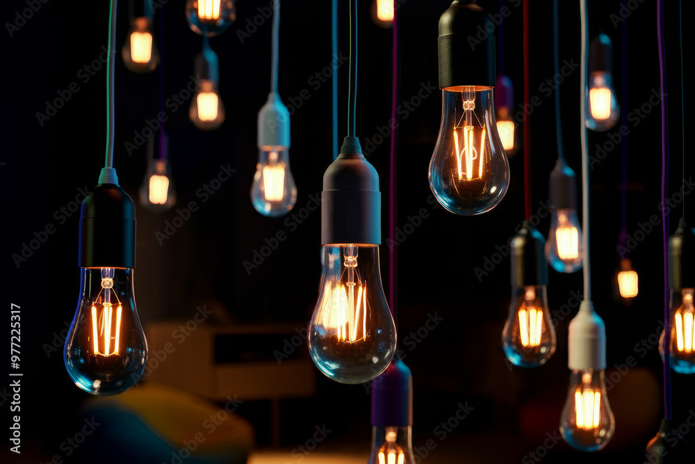 LED light bulb hanging on modern room, sperkling colorful magical air