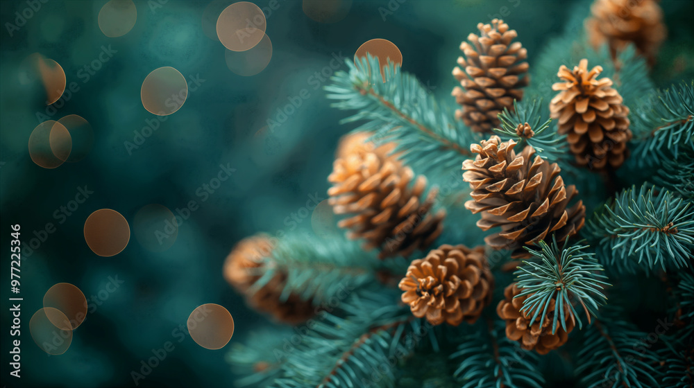 Pine tree branches with pine cones under soft seasonal light in tranquil forest. Generative AI