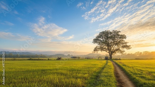 A peaceful early morning scene at a rural farm