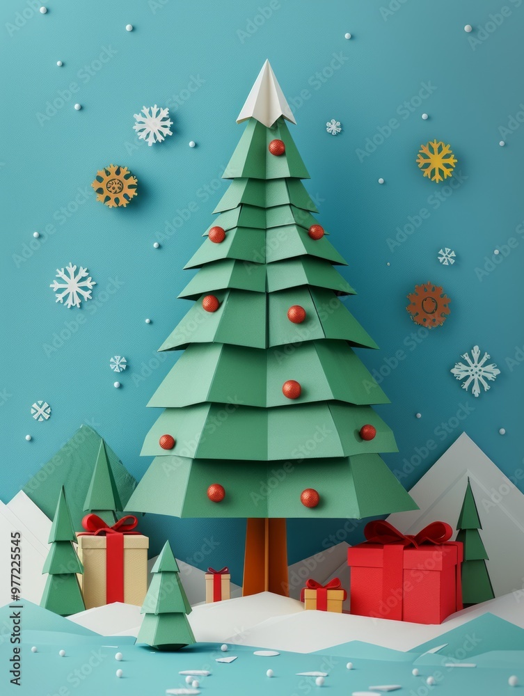 Christmas tree with red and gold ornaments and a star on top. The tree is surrounded by gifts. Christmas postcard in paper cut style. Christmas tree with red and gold ornaments and a star on top. The tree is surrounded by gifts. Christmas postcard in paper cut style.