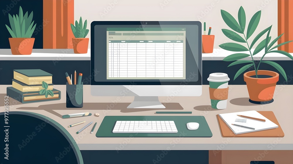 A modern workspace featuring a computer, notebook, plants, and a coffee cup, ideal for productivity and creativity. A modern workspace featuring a computer, notebook, plants, and a coffee cup, ideal for productivity and creativity.