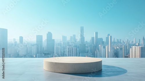 Polished podium in front of a city skyline, clear blue sky, urban backdrop