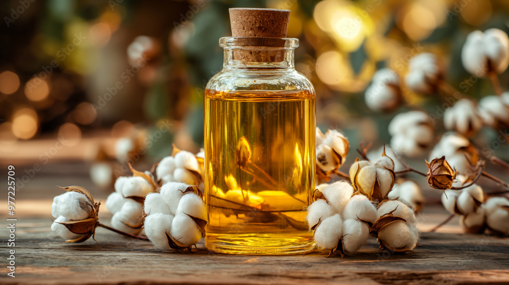 Glass Bottle of Golden Cottonseed Oil Surrounded by Soft Cotton Bolls at Sunset. Generative AI Glass Bottle of Golden Cottonseed Oil Surrounded by Soft Cotton Bolls at Sunset. Generative AI