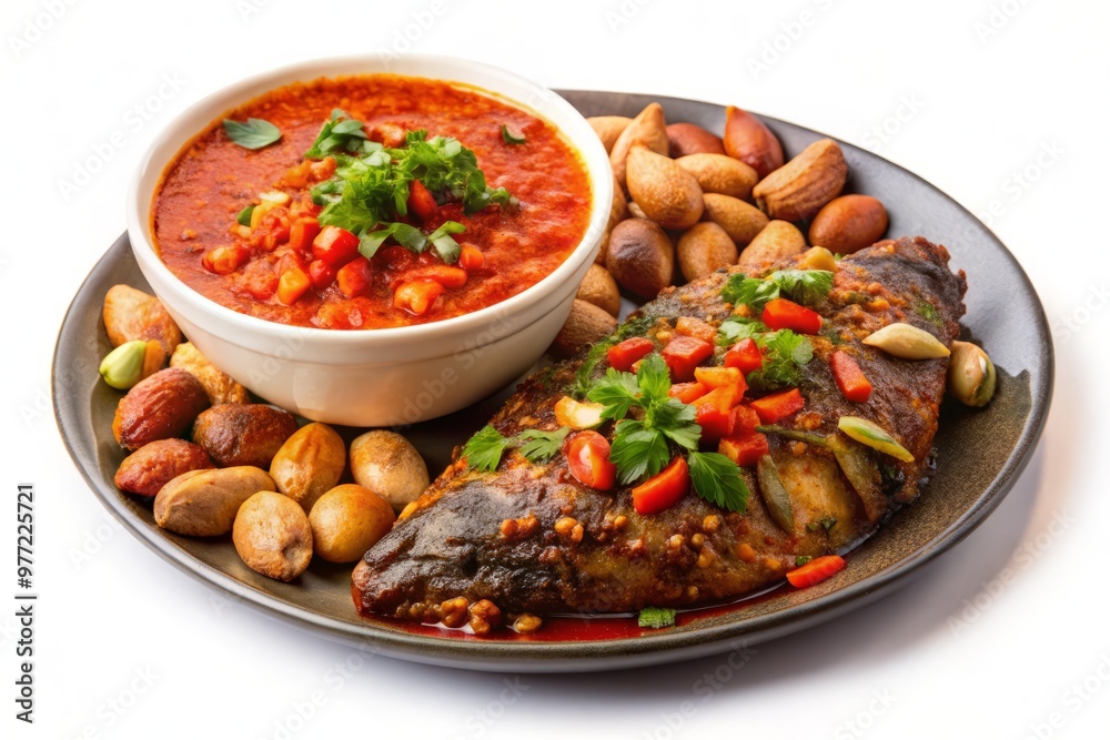 Traditional Ghanaian Kenkey dish isolated on white, served with a side of spicy pepper sauce and a sprinkle of groundnuts Traditional Ghanaian Kenkey dish isolated on white, served with a side of spicy pepper sauce and a sprinkle of groundnuts