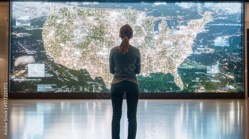 A person standing in front of a large interactive map of the U.S. photo