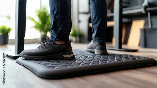 A person standing on an anti-fatigue mat, promoting comfort and support for long hours of work or standing.