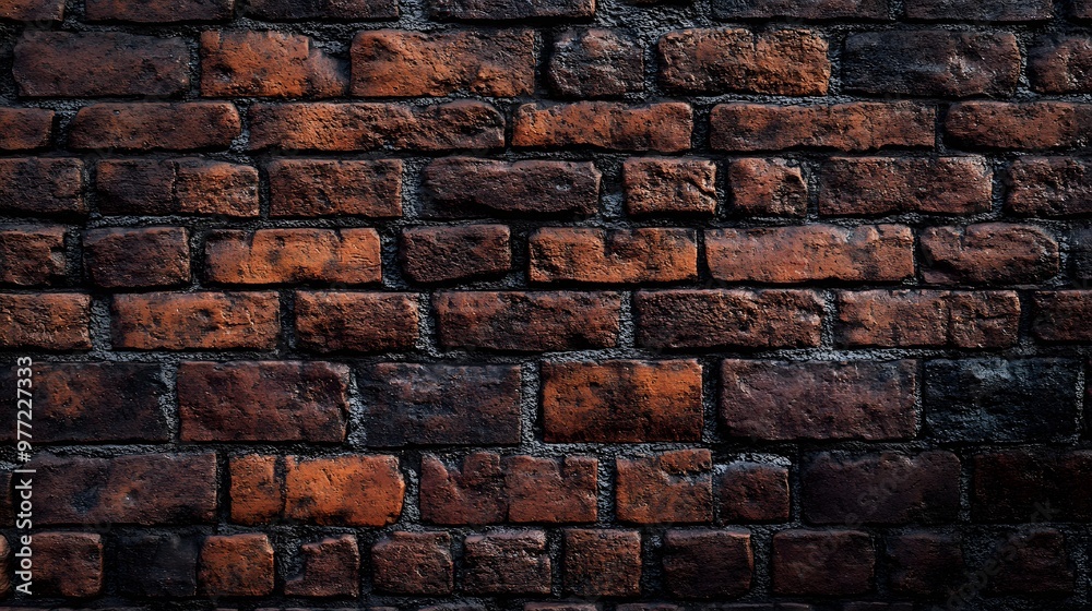 Fototapeta premium A textured red brick wall reveals rustic architecture and weathered masonry in warm tones, highlighting its industrial aesthetic and historical building character.