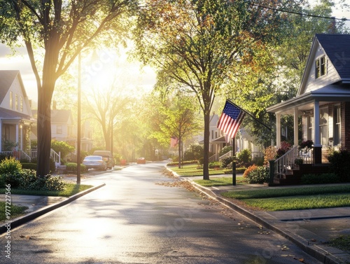 A quiet neighborhood street at dawn on election day early risers walking toward the local polling station