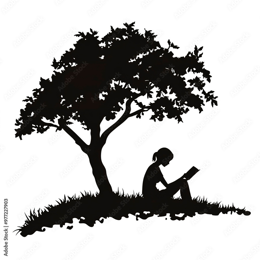 A silhouette of a person reading under a tree. on white background A silhouette of a person reading under a tree. on white background