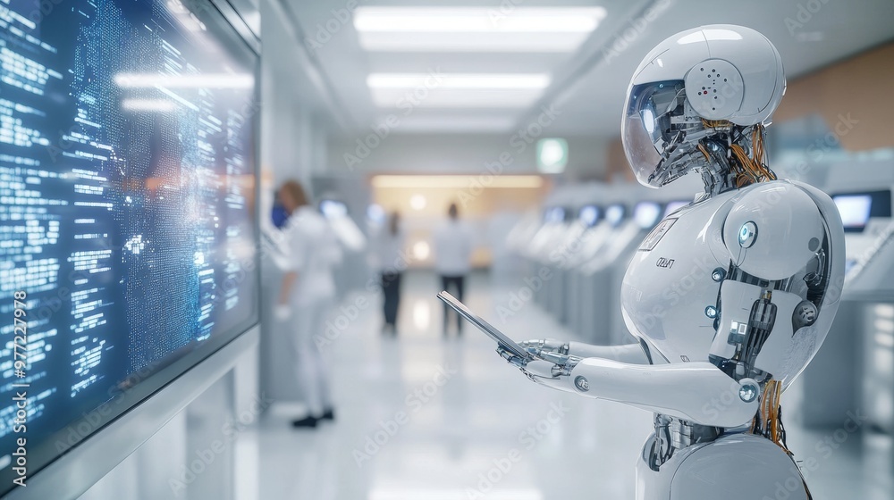 A robotic election official assisting voters at a futuristic American polling station A robotic election official assisting voters at a futuristic American polling station