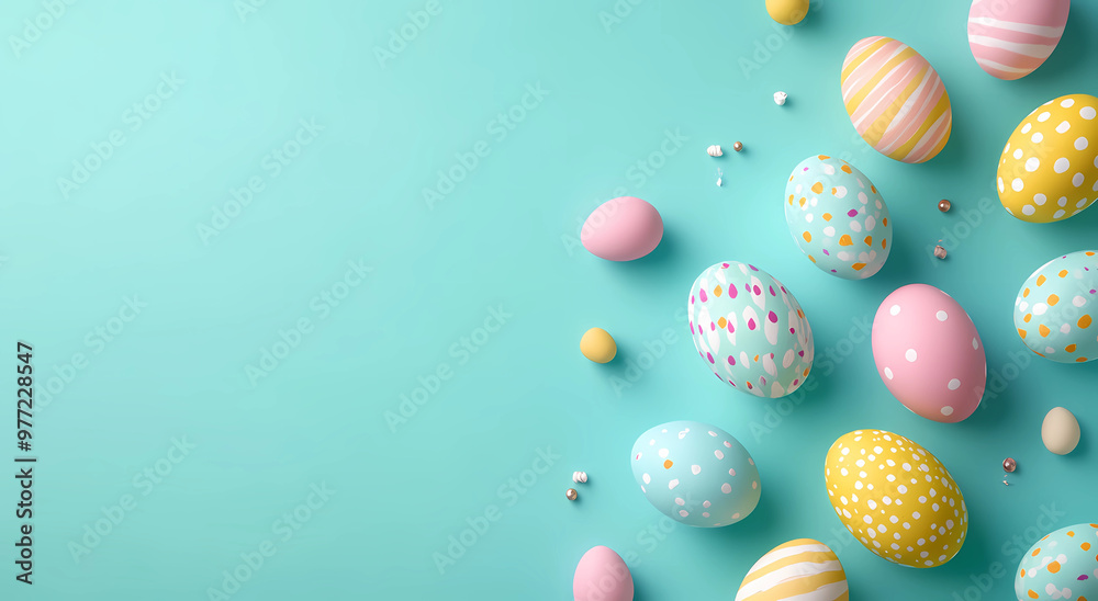 Colorful Easter eggs on a pastel background with copy space for text, top view. Colorful Easter eggs on a pastel background with copy space for text, top view.