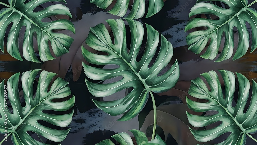 Obraz premium Watercolor seamless pattern of tropical leaves. monstera on a dark background