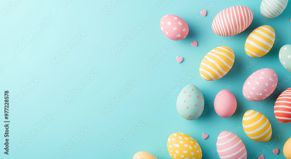 Fototapeta premium Colorful Easter eggs on a pastel background with copy space for text, top view.