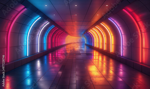 A bright tunnel illuminated by colorful neon lights, creating a dynamic and energetic atmosphere.