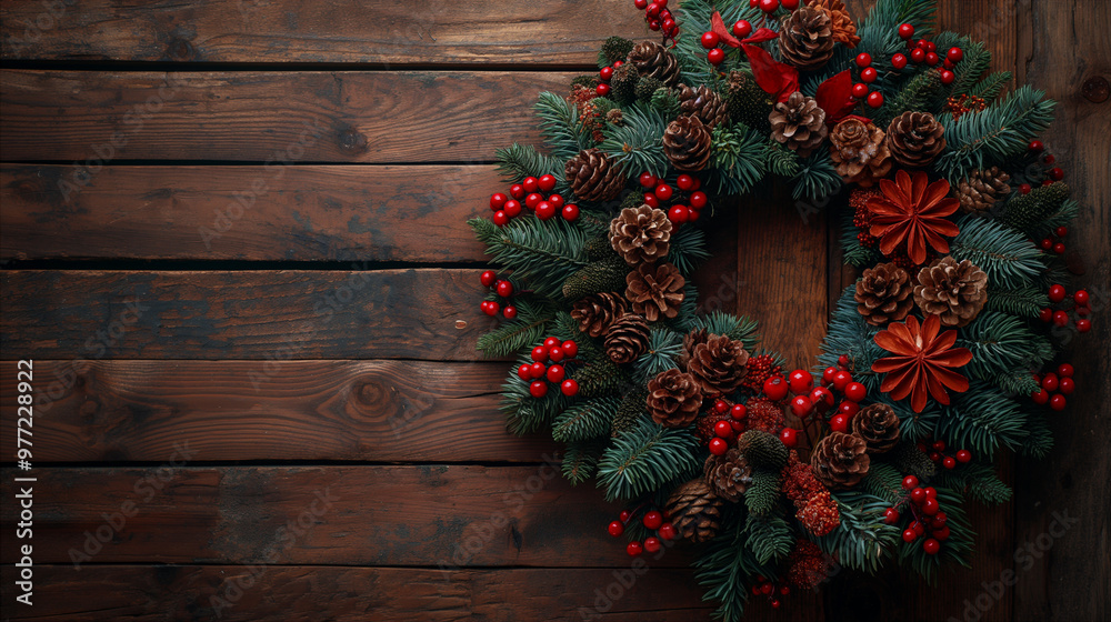 Christmas wreath made natural materials, pinecones, berries on rustic wooden backdrop. Generative AI Christmas wreath made natural materials, pinecones, berries on rustic wooden backdrop. Generative AI