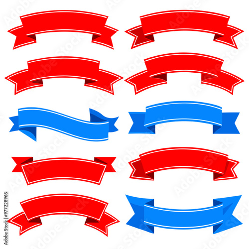 Red and Blue Banner Set: Vector illustration of 12 red and blue banners, perfect for adding a touch of festive celebration or patriotic flair to your projects.  