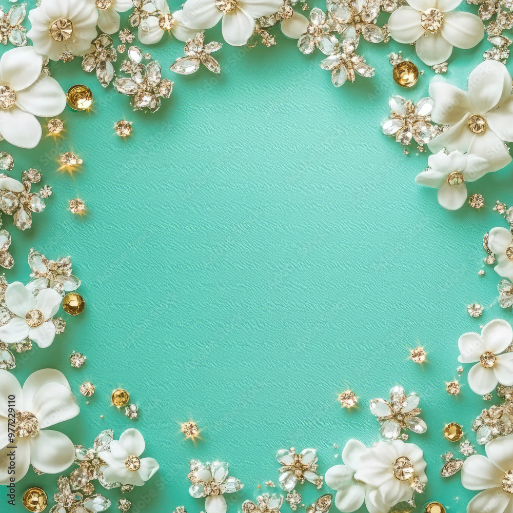 Template of a greeting card for beloved women with a delicate floral ornament. Mint background, white flowers, advertising space. Illustration, print, printing on fabric, paper, holiday packaging.