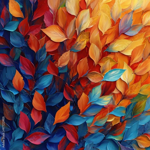 Vibrant Autumn Leaves in Orange and Blue Tones Watercolor Background