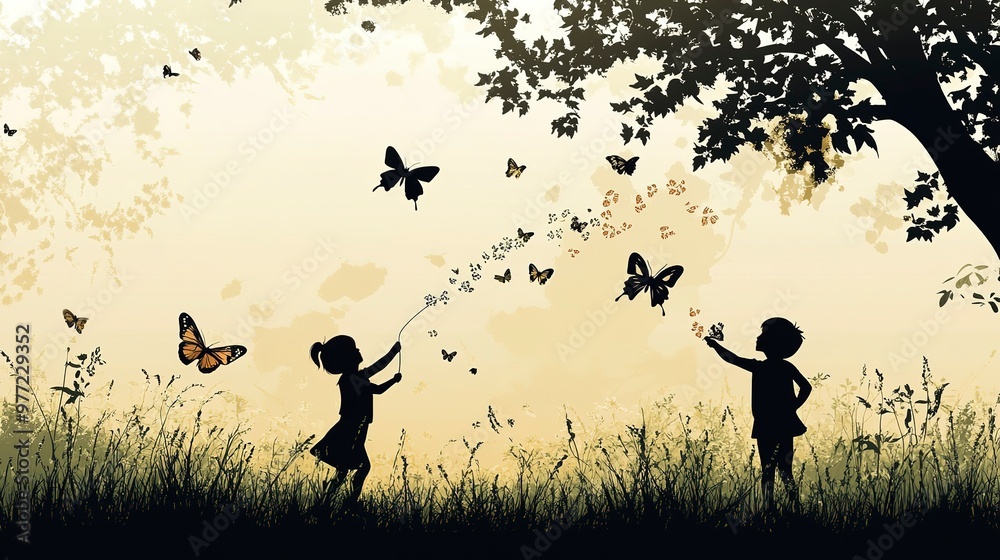 Delightful Kids Catching Butterflies in Embossed Vector Artwork Delightful Kids Catching Butterflies in Embossed Vector Artwork