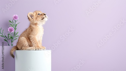 Majestic lion cub peeking regally over pastel purple backdrop. photo