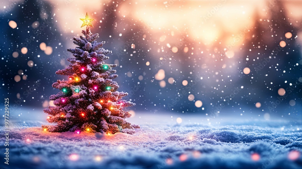 A Decorated Christmas Tree Standing in Snowy Forest at Sunset A Decorated Christmas Tree Standing in Snowy Forest at Sunset
