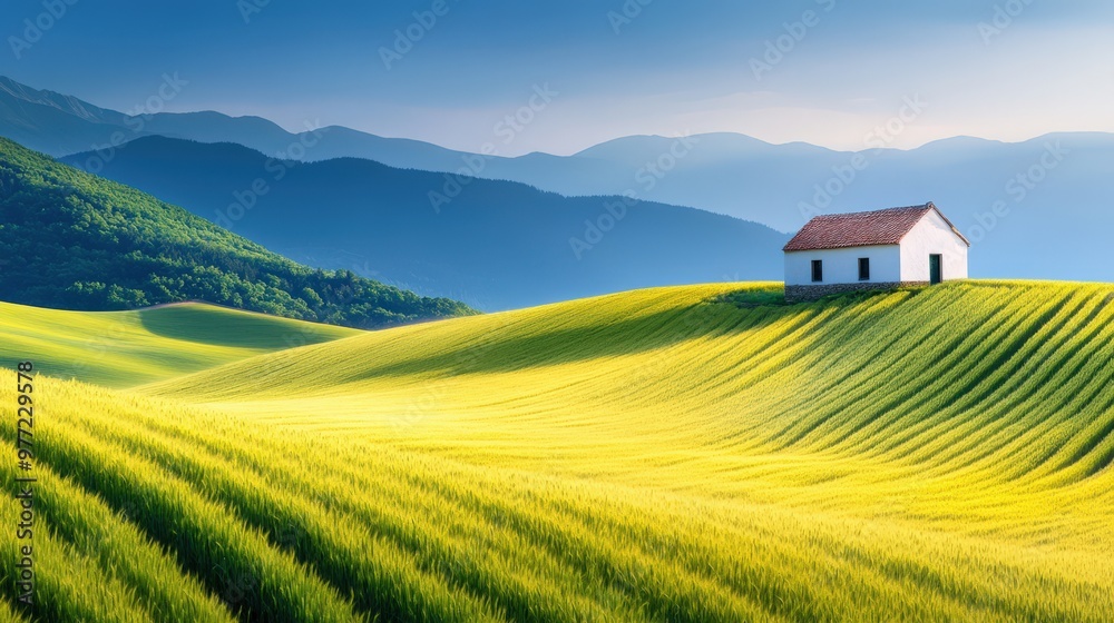Farmhouse on a Rolling Hill with Wheat Field and Mountains in the Background