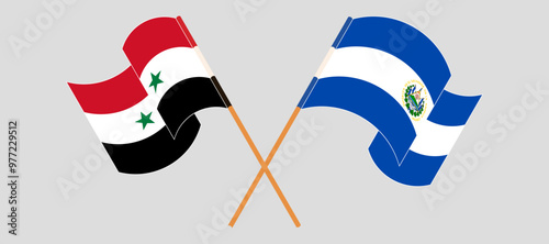 Crossed and waving flags of Syria and Republic of El Salvador. Vector illustration