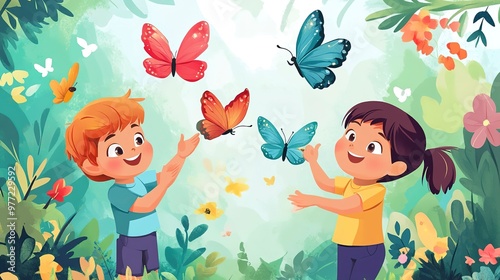 Adorable Kids Catching Butterflies in App Icon Style Illustration