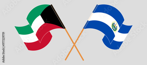 Crossed and waving flags of Kuwait and Republic of El Salvador. Vector illustration