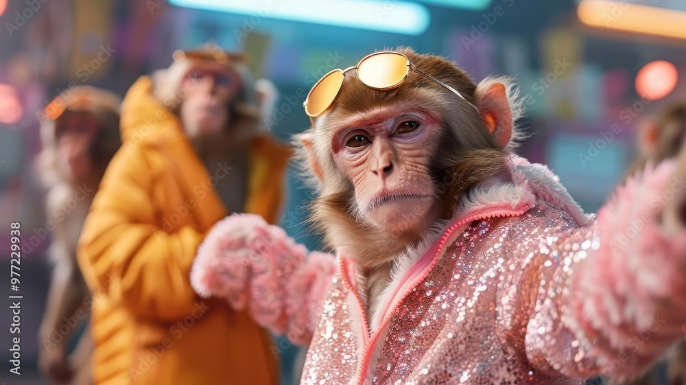 Group of monkeys in sequin outfits dance on a neon-lit dance floor. Group of monkeys in sequin outfits dance on a neon-lit dance floor.
