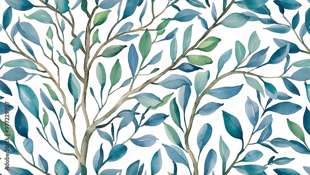 Fototapeta premium Watercolor eucalyptus branches and leaves seamless pattern, hand painted on a white background
