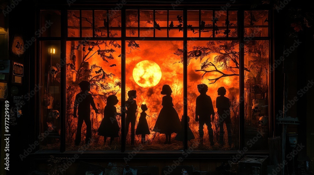 Spooky Mokepu Halloween-themed window display with eerie lights and shadowy figures Spooky Mokepu Halloween-themed window display with eerie lights and shadowy figures