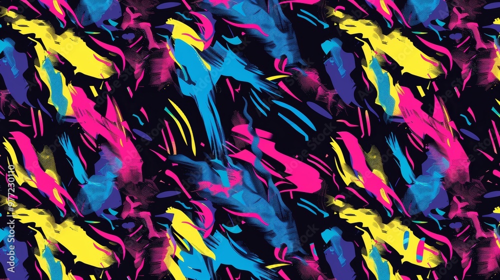 Vibrant abstract pattern featuring splashes of blue, pink, and yellow against a dark backdrop for dynamic visual appeal. Vibrant abstract pattern featuring splashes of blue, pink, and yellow against a dark backdrop for dynamic visual appeal.