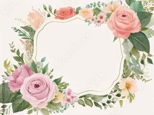 A blank wedding invitation adorned with a watercolor floral frame