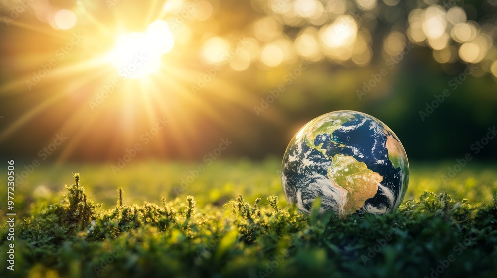 A beautiful globe resting on green grass under a warm sunlight, symbolizing nature and environmental awareness. A beautiful globe resting on green grass under a warm sunlight, symbolizing nature and environmental awareness.