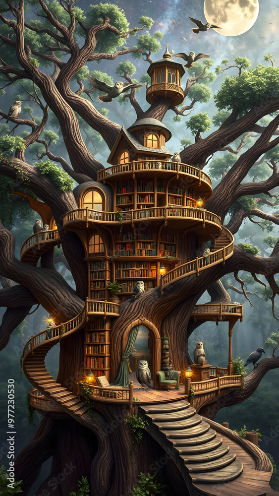 Obraz premium Enchanted treehouse library nestled in a majestic ancient tree at night