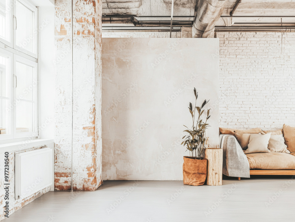 Cozy minimalist living space featuring light walls, a sofa, and a potted plant in a spacious industrial-style room Cozy minimalist living space featuring light walls, a sofa, and a potted plant in a spacious industrial-style room