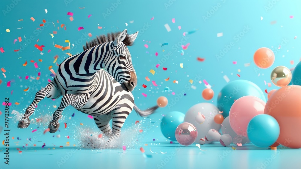Obraz premium Vibrant illustration of a zebra with neon stripes dancing amidst confetti and disco balls.