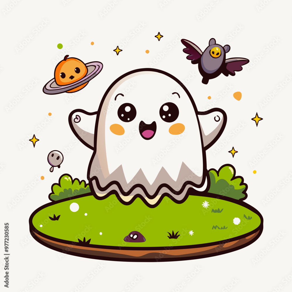 Adorable floating ghost with rosy cheeks and sparkling stars Adorable floating ghost with rosy cheeks and sparkling stars